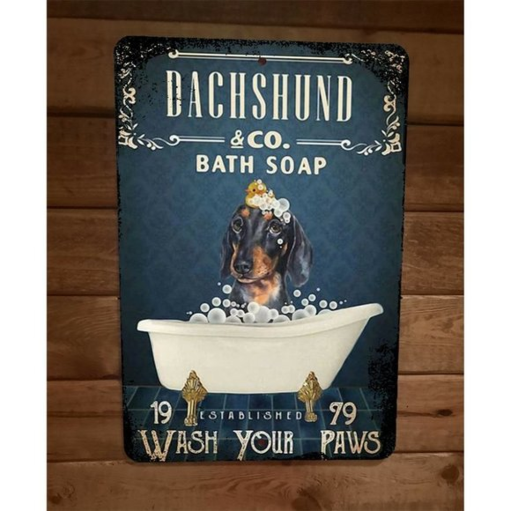 Dachshund Wiener Dog Bath Soap Wash Your Paws Art 8x12 Metal Wall Animal Sign